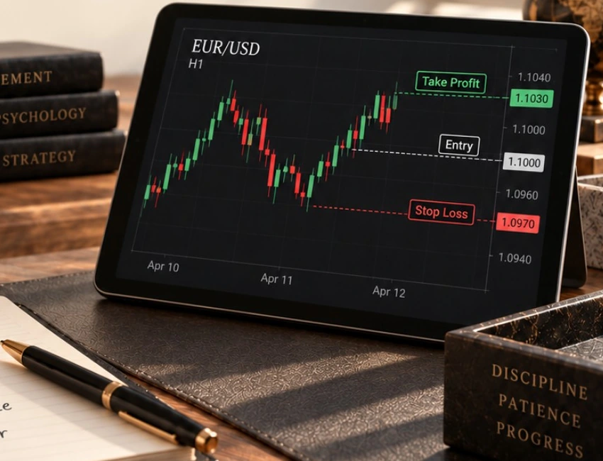 Premium forex trading desk with market charts